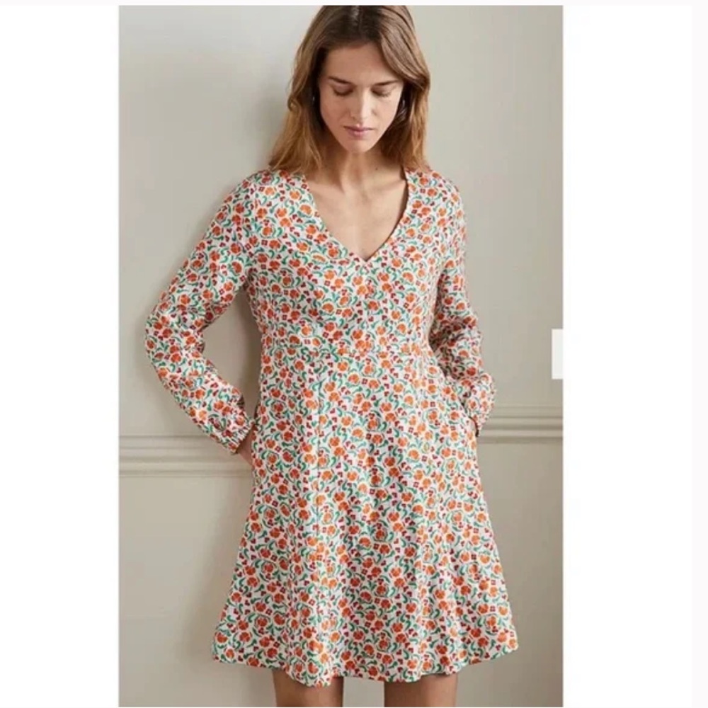 Boden Floral Mini Dress in White, Orange and Green